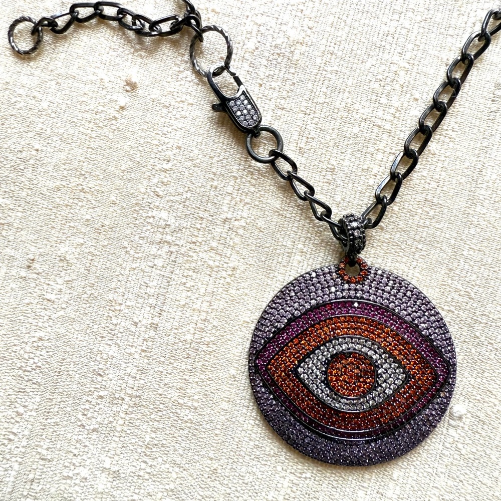 Large Round Evil Eye Micro Pave CZ in Black Enamel Pendant Necklace.A Knockout!